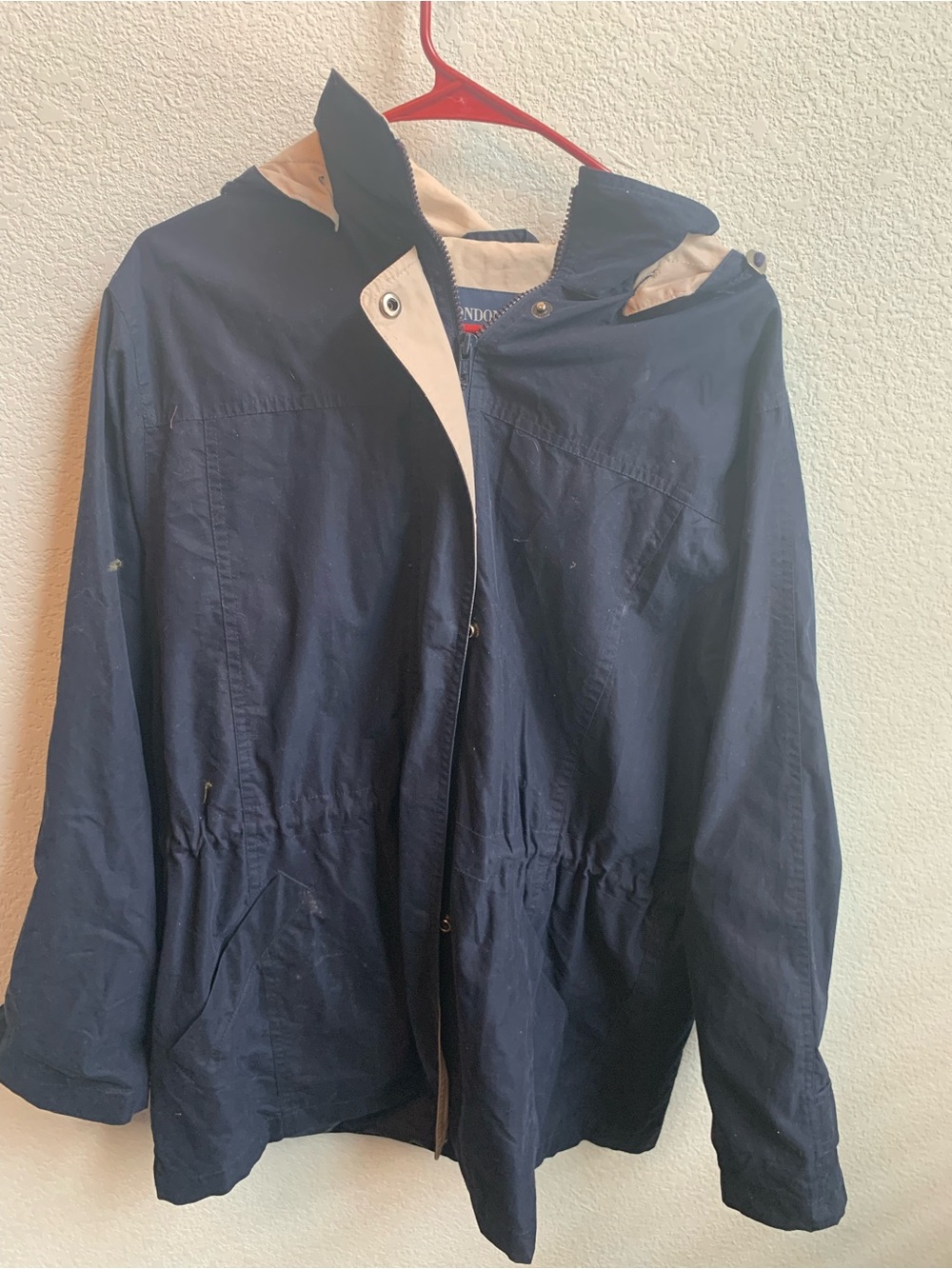 London Fog Navy Hooded Raincoat with Cream Trim